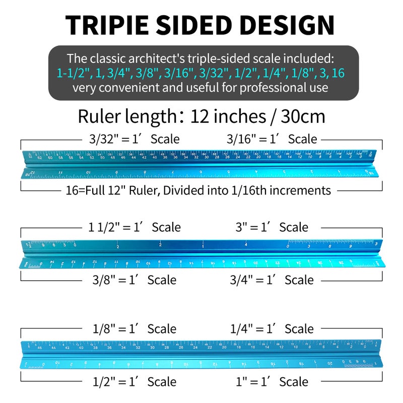 Rena Chris 2PCS Architectural Scale Ruler: 12"" Imperial Aluminum Triangular Scale Ruler, Laser-Etched Architecture Ruler, Drafting & Architect Ruler for Architects, Students, Draftsman(Blue) - Image 4